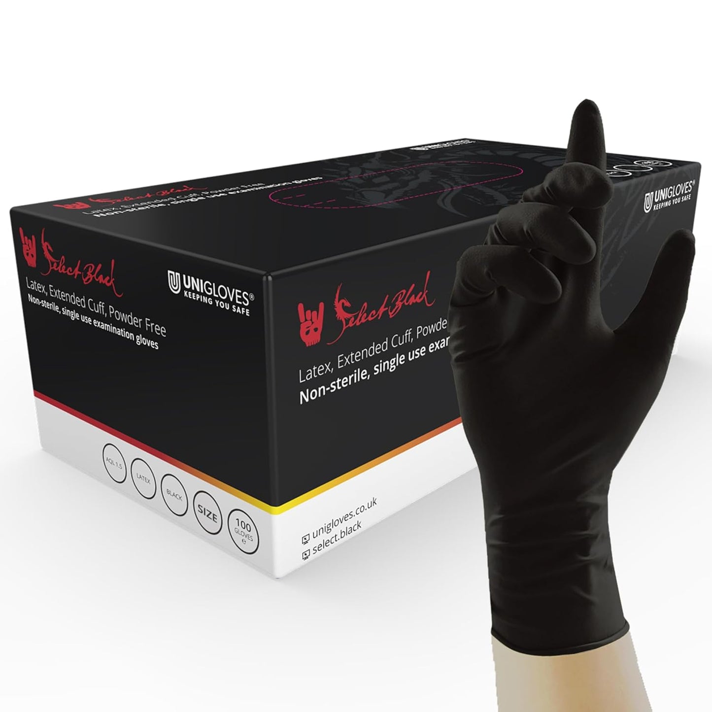 Unigloves Select Black Latex Extended Cuff GT0014 Single Use - Multipurpose, Powder Free Disposable Gloves, Optimised for Tattoo Artists, Box of 100 Gloves, Black, Large Visit the UNIGLOVES Store