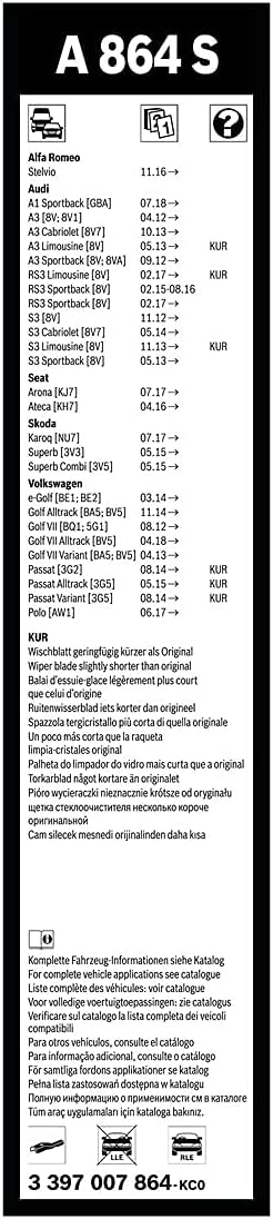 Bosch Wiper Blade Aerotwin A864S, Length: 650mm/450mm − Set of Front Wiper Blades