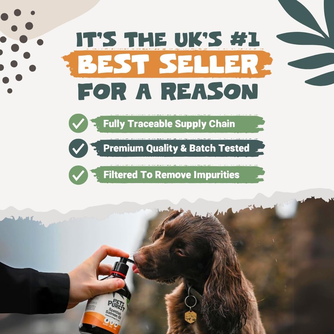 Pets Purest Scottish Salmon Oil For Dogs, Cats, Horse, Ferret - Pure Omega 3, 6 & 9 Fish Oil Food Treats Supplement for Natural Coat, Immune Support, Itchy Skin, Joint & Brain Health (500ml)