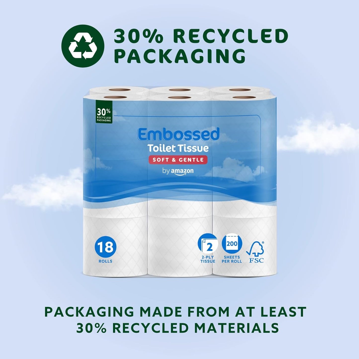 by Amazon Toilet Roll, 2-Ply Embossed, Soft and Gentle, 18 Rolls (Pack of 1), 200 Sheets per Roll, FSC Certified