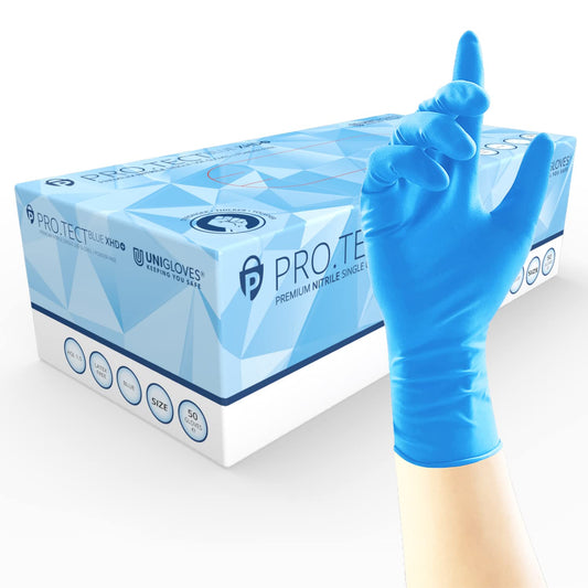 Unigloves PRO.TECT Blue XHD+ Nitrile Disposable Gloves - Ultra Heavy Duty, Single Use, Multipurpose, Powder Free Gloves - Box of 50 Gloves, Blue, Small (GA0102)