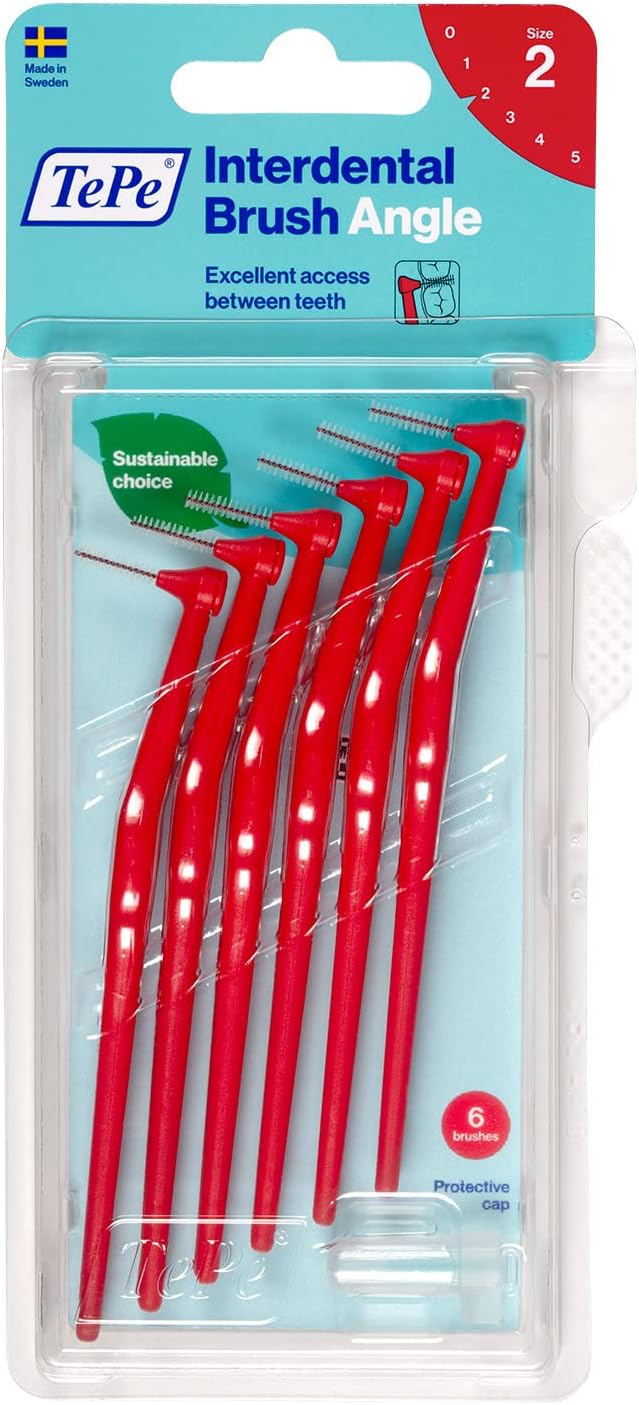 TePe Interdental Brush Angle, Red, 0.5mm/ISO 2, 6pcs, Interspace Cleaning, Plaque Remover for Teeth with Narrow Gaps, ensures Strong Gums and Teeth