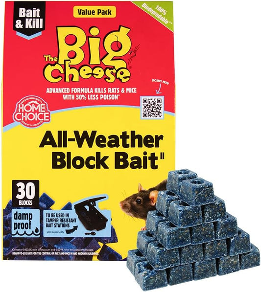 The Big Cheese All-Weather Block Bait - 10g x 30 Kills Mice and Rats Damp-Proof, Weather-Resistant, Blue Difenacoum