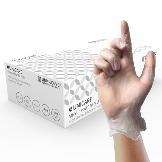 Unigloves Unicare Clear Vinyl GS0063-A Examination - Multipurpose, Powder Free and Latex Free Disposable Gloves, Box of 100 Gloves, Clear, Medium