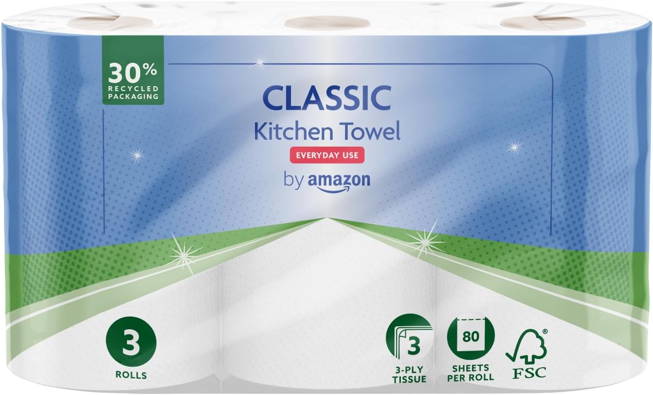 by Amazon Classic Kitchen Roll, 3-ply, Strong and Absorbent, 3 Rolls (1 Pack of 3), 80 Sheets per Roll, FSC Certified