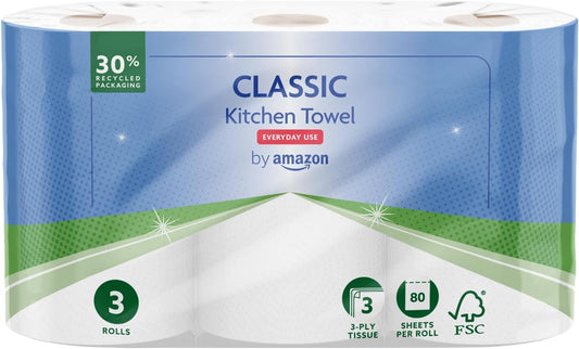 by Amazon Classic Kitchen Roll, 3-ply, Strong and Absorbent, 3 Rolls (1 Pack of 3), 80 Sheets per Roll, FSC Certified