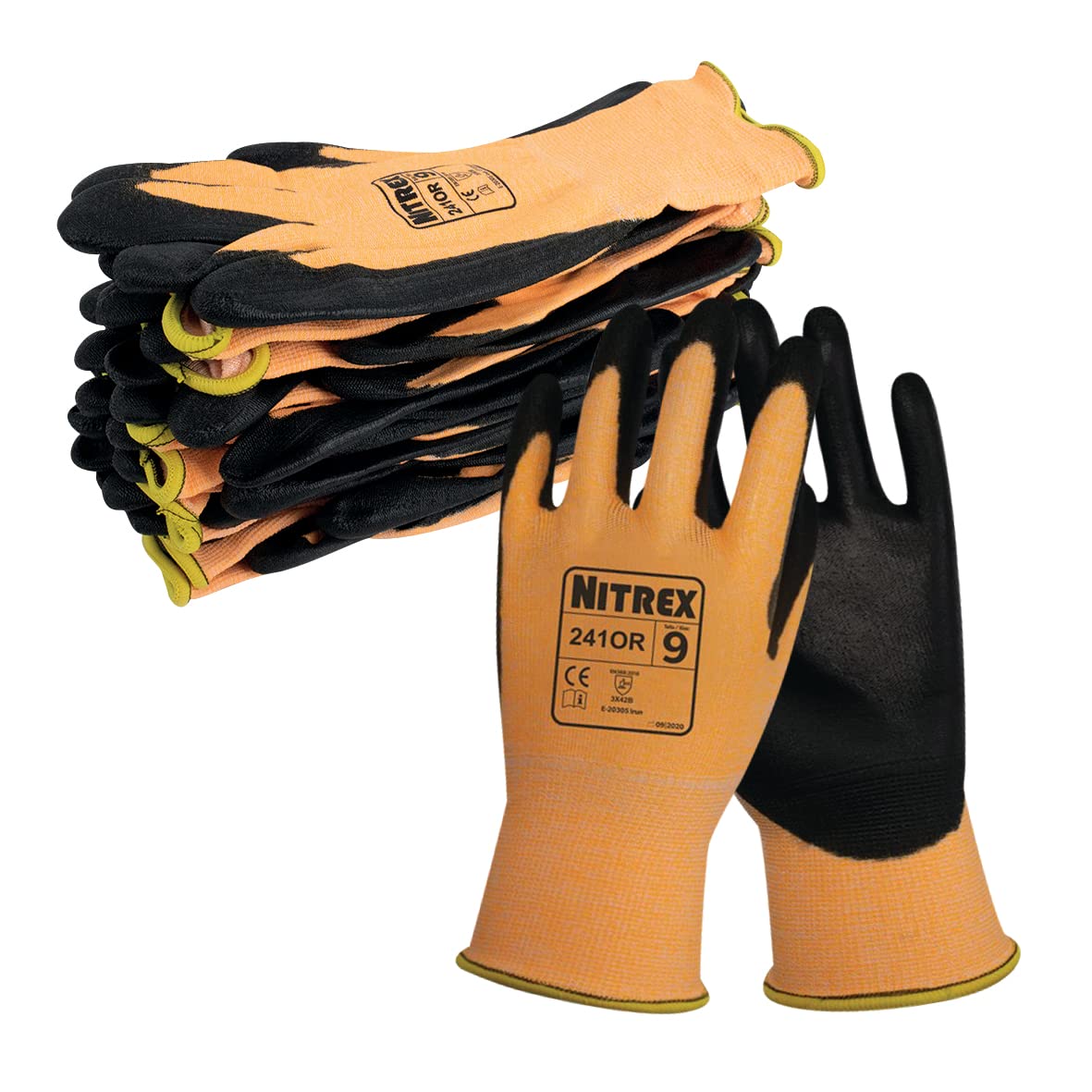 Nitrex 241OR Work and Safety Gloves, Bag of 10 Pairs, Size 7 - B Rated Cut Resistant Work Gloves, PU Palm Coating, Orange Nylon Liner