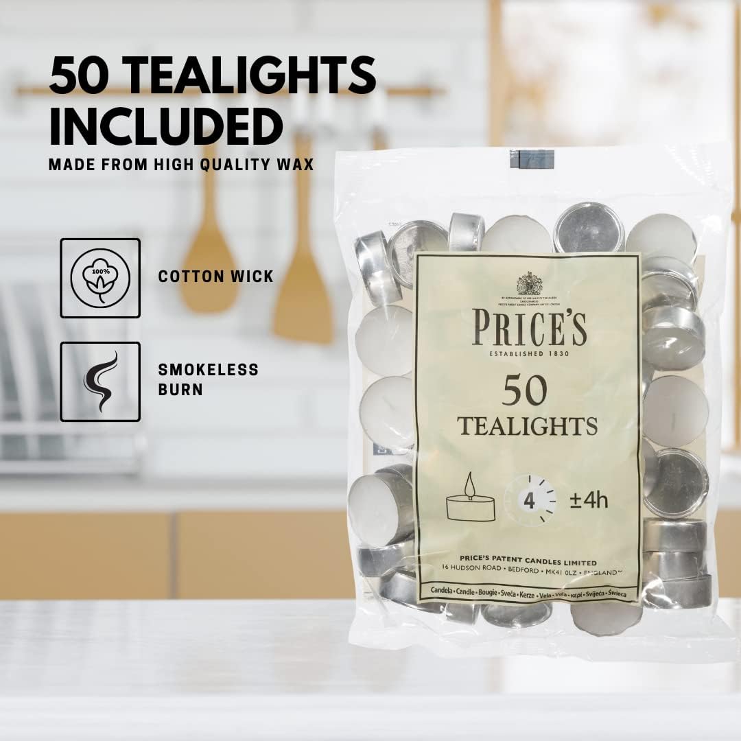 Prices Patent Candles White Tealights Bag, Pack of 50, Wax, l x 3.8cm w x 1.8cm h, Unscented [Energy Class A]