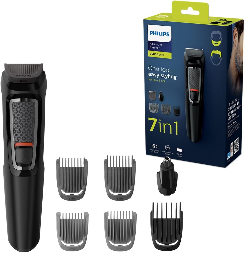 Philips 7-in-1 All-In-One Trimmer, Series 3000 Grooming Kit for Beard & Hair with 7 Attachments, Including Nose Trimmer, Self-Sharpening Blades, UK 3-Pin Plug-MG3720/33