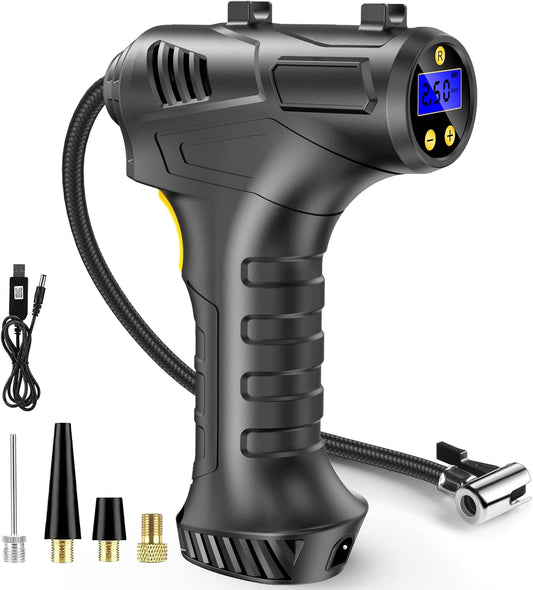 Petrinda Cordless Tyre Inflator Air Compressor, 12V USB Rechargeable Battery 150PSI Portable Car Tyre Pump, Electric Digital Tyre Pump with LED Light and 3 Nozzle Adaptors for Car Motorcycle Bicycle