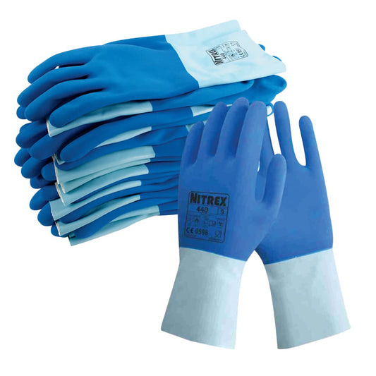 Nitrex 440 Chemical Resistant Safety Gloves, Bag of 10 Pairs, Size 7 - Cotton Lined Chemical and Heat Resistant Latex Gauntlet