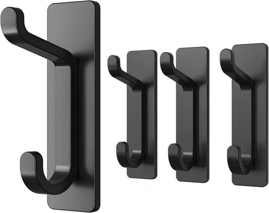 Self Adhesive Hooks, Extra Sticky and Strong, Hanging up to 6KG, Heavy Duty Stick on, No-Nail Hook for Back of Door, Black, 4 Pack