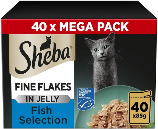 SHEBA - Adult Wet Cat Food Pouches - 40 x 85 g - Fish - Bulk Cat Food Megapack - 40 Jelly Pouches