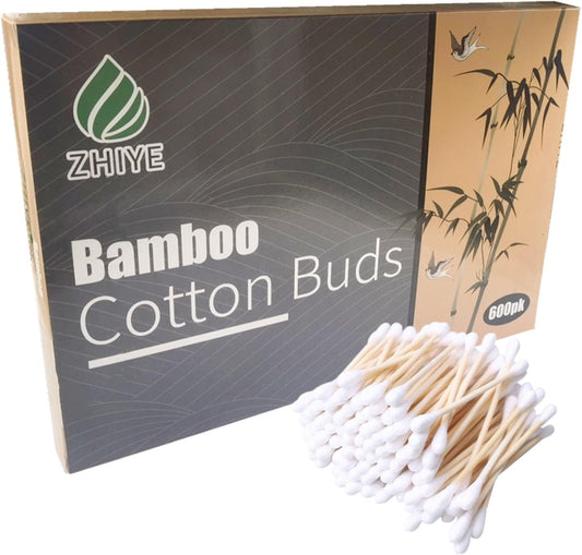 600 pk Bamboo Cotton Buds (6 x 100) by ZHIYE, 100% Biodegradable Cotton Swab with Wooden Handles for Cleaning Ear, Makeup,Keyboard,Wound etc