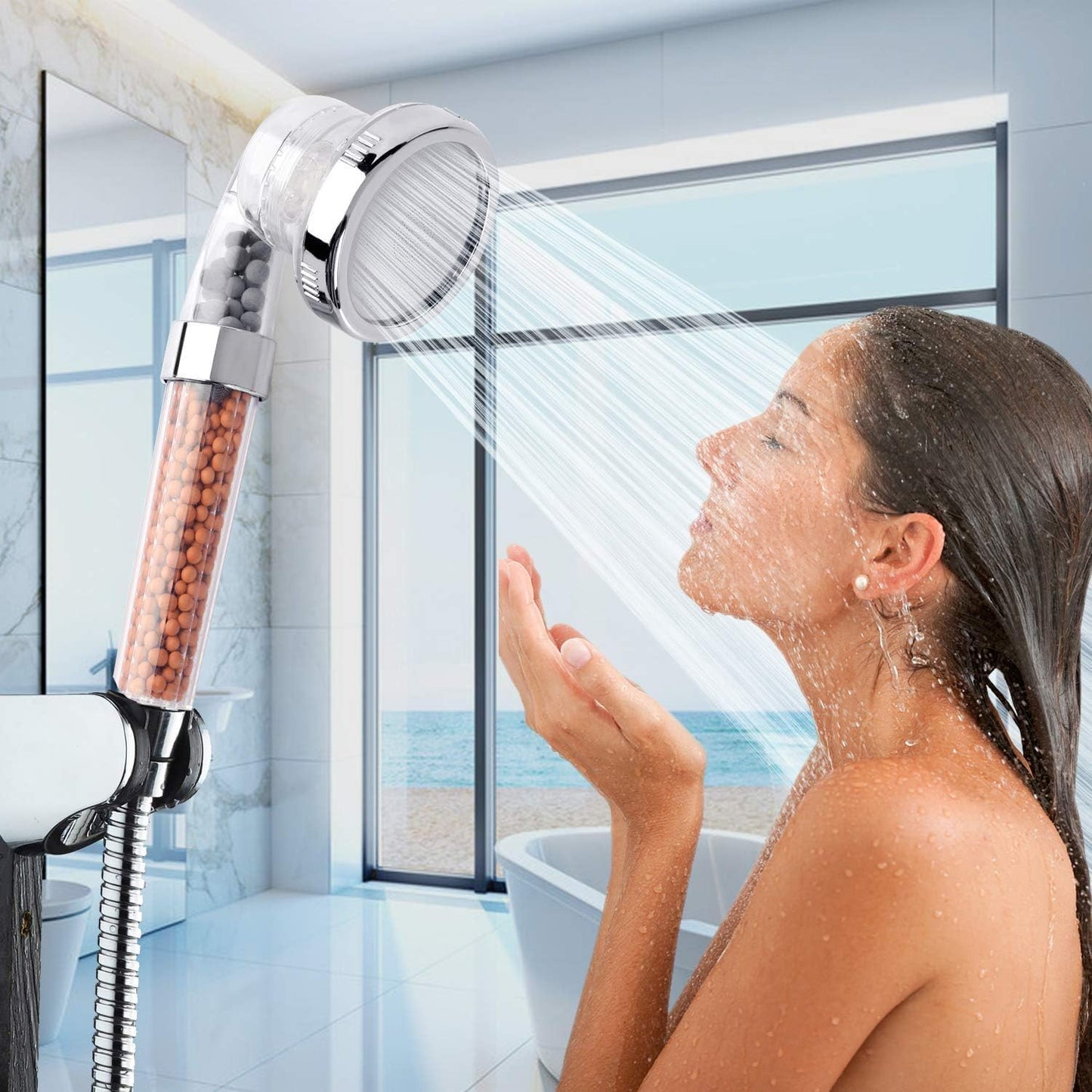 VEHHE Shower Head Powerful Flow with Beads Filter Pressure Boosting Shower Head Spray with 3 Modes Water Saving Bathing for Adults Children Pets Home and Gym Use (White)