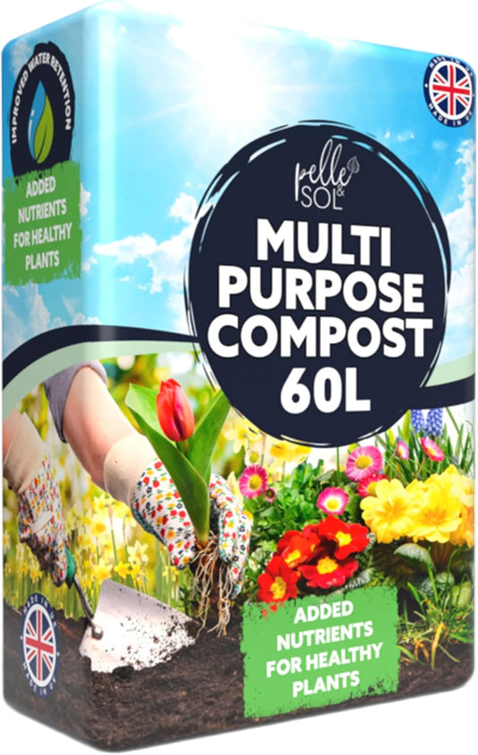 Pelle & Sol 60L Multi Purpose Compost - Compost for Outdoor Plants & Soil for Plants Indoors - Potting Soil for Pots Plants Outdoor - All Purpose Nutrient Rich Fertiliser, Houseplant Potting Mix
