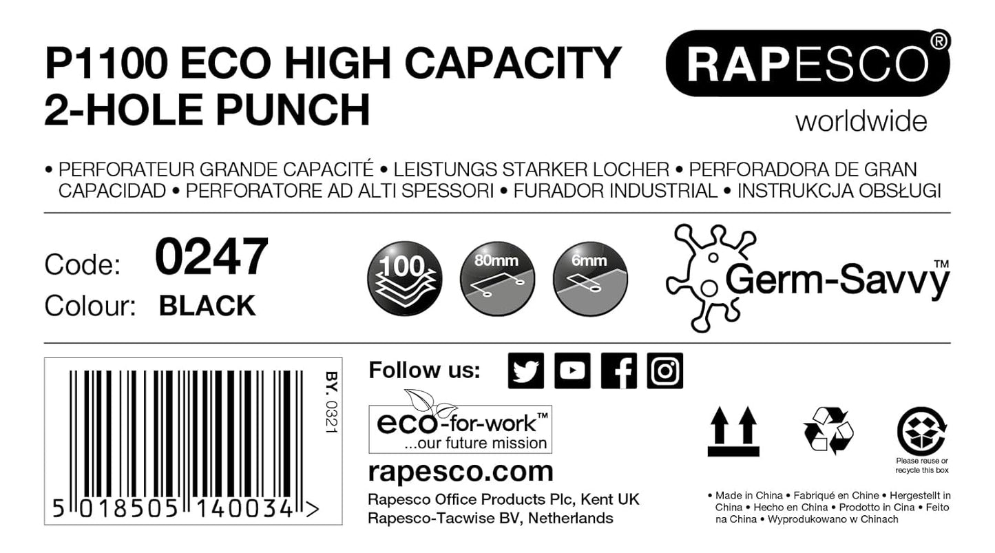 Rapesco 0247 Germ-Savvy Antibacterial, ECO P1100 Heavy Duty Punch, 100 sheet Capacity, Grey