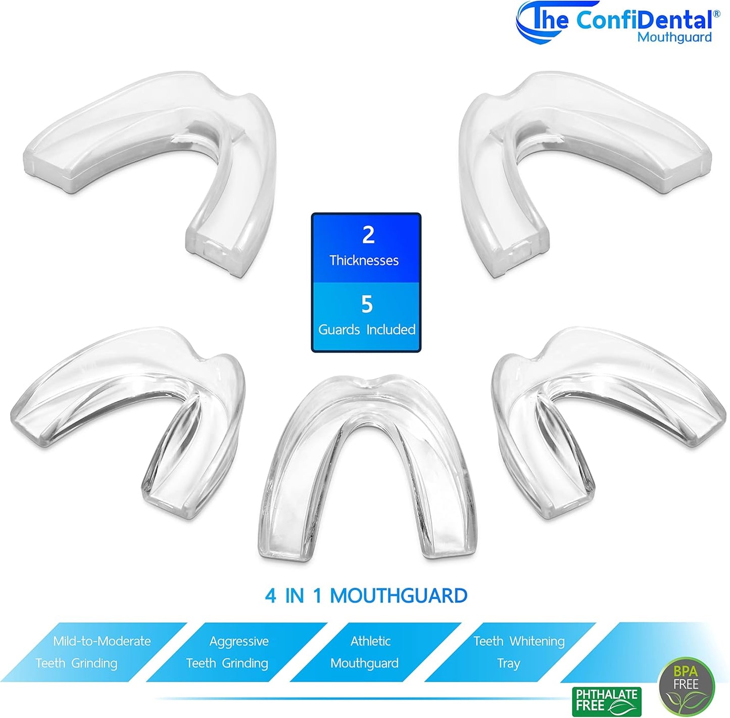 The Confidental - Pack Of 5 Moldable Mouth Guard For Teeth Grinding Clenching Bruxism, Sport Athletic, Whitening Tray, Including 3 Regular And 2 Heavy Duty Guard (3 (Lll) Regular 2 (Ii) Heavy Duty)