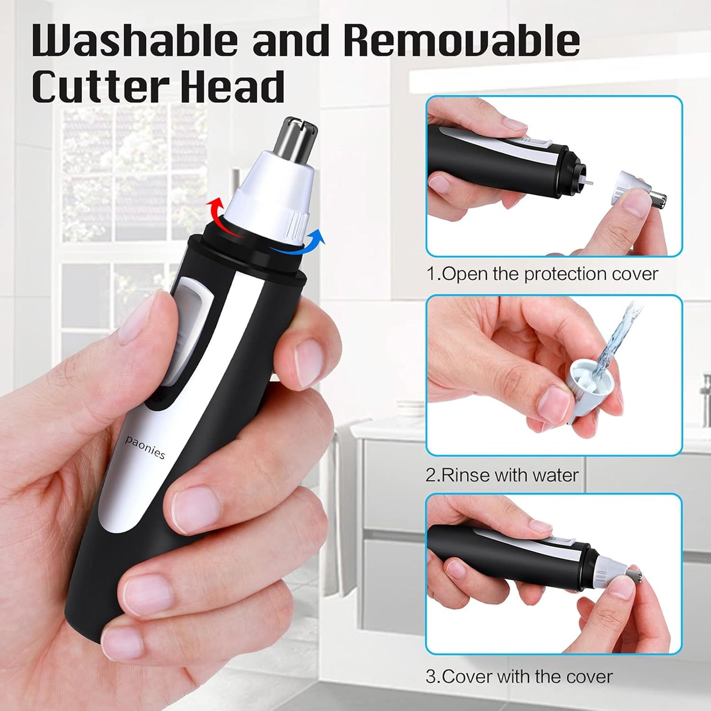 Ear and Nose Hair Trimmer Clipper, 2025 Professional Painless Eyebrow & Facial Hair Trimmer for Men Women, Battery-Operated Trimmer with IPX7 Waterproof, Dual Edge Blades for Easy Cleansing