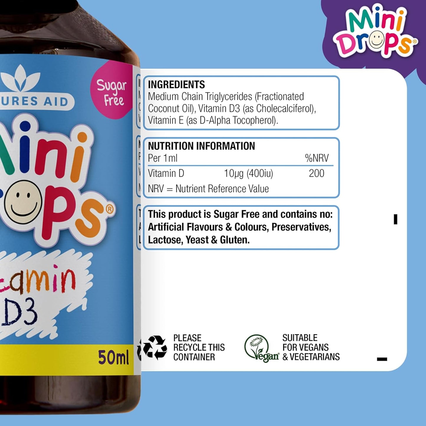 Natures Aid Mini Drops Vitamin D3 50ml for Infants & Kids - Bone, Teeth, Health & Immune System Support - Sugar Free, Vegan, Gluten-Free, Non-GMO - Growth Support for Children Age 0-5 Dropper Included