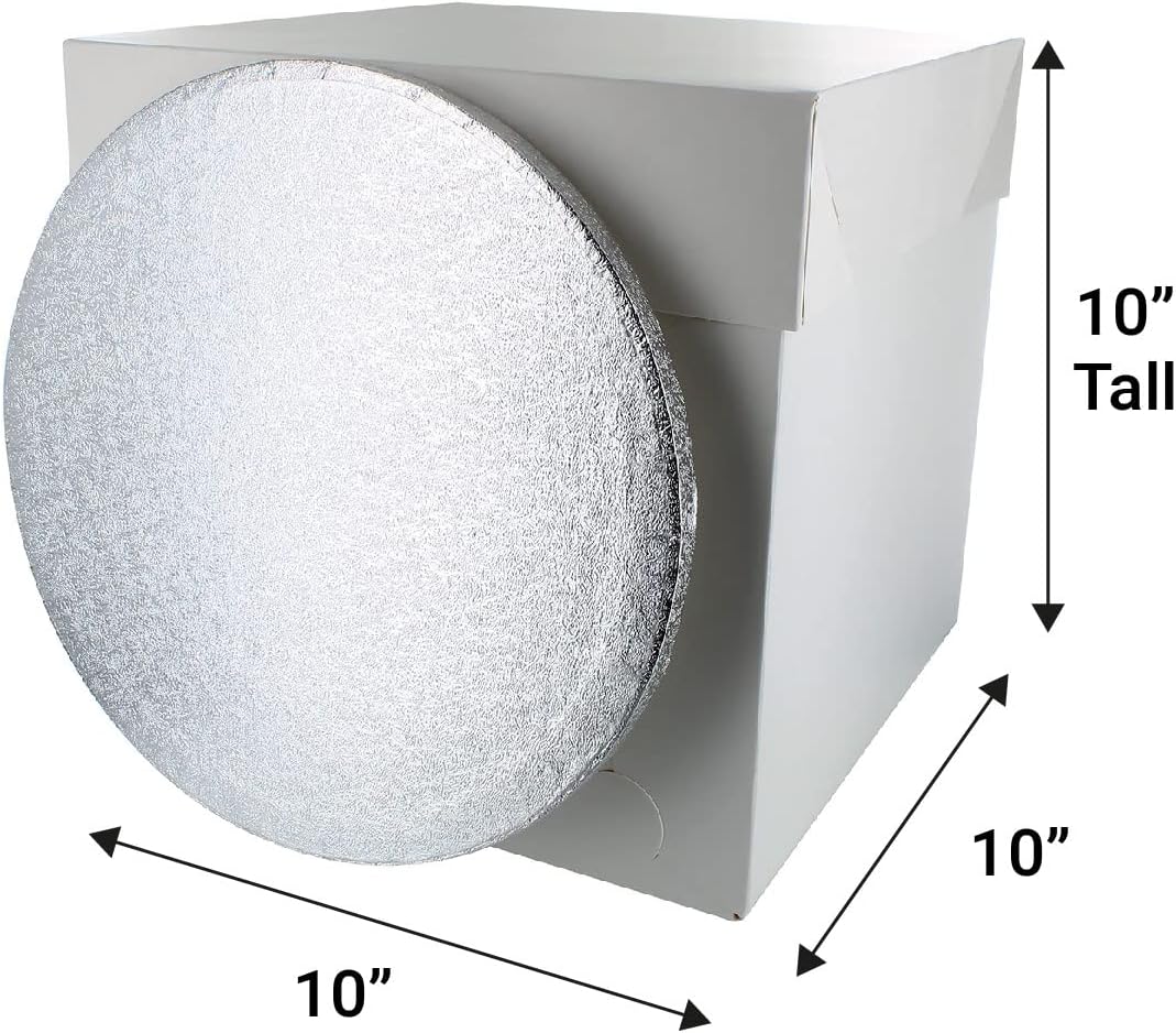 Culpitt 10" Round Silver Cake-Board & Tall White Cake-Box Combo, 10 x 10 x 10 Inch Square Box and Matching Circle Set For Tiered or Decorated Transport