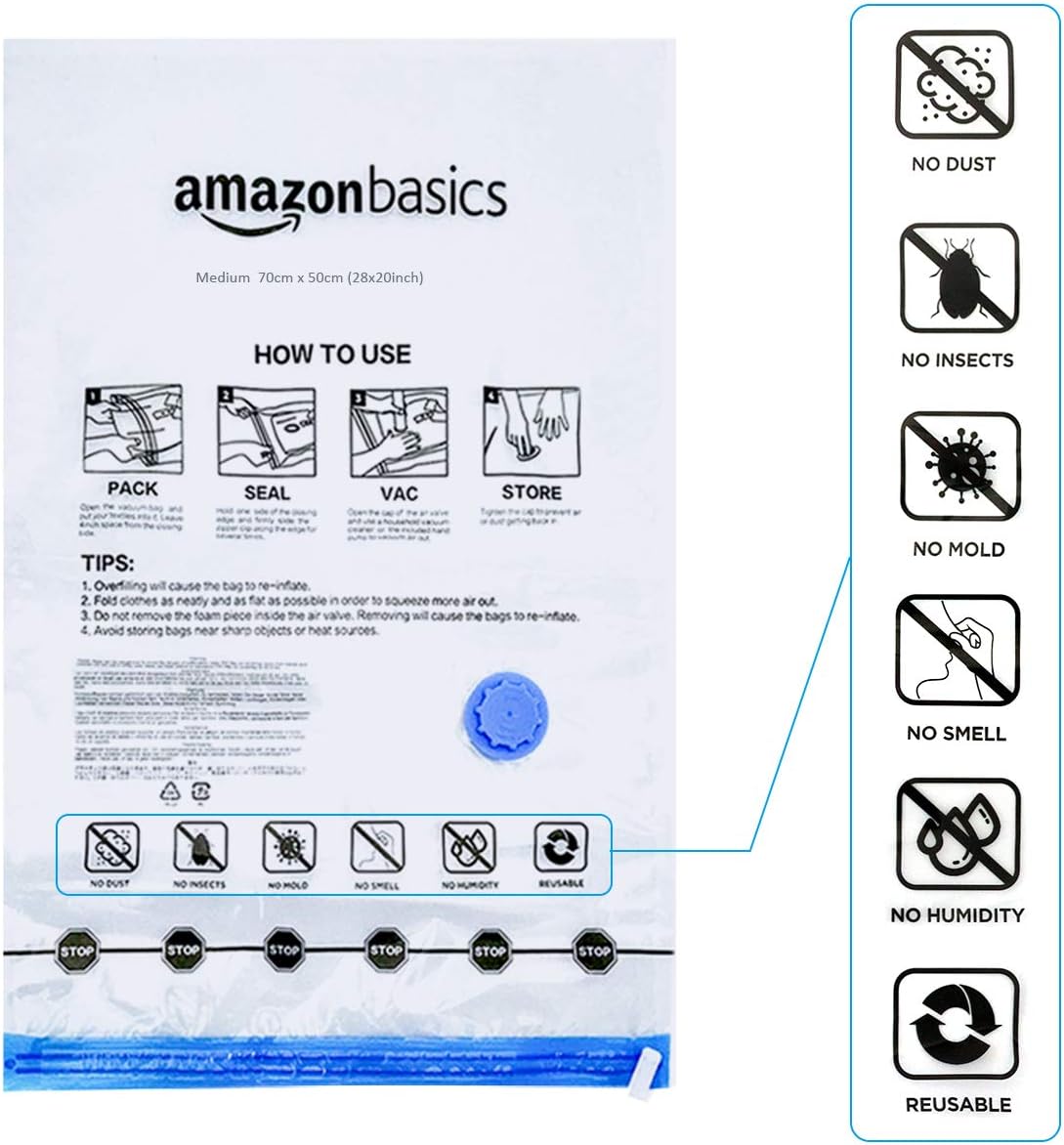 Amazon Basics Vacuum Compression Zipper Storage Bags with Airtight Valve and Hand Pump, Large, 5-Pack, Clear