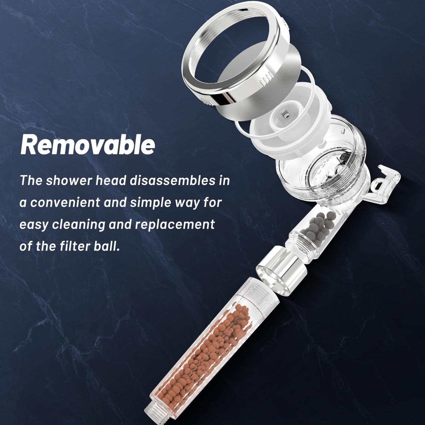 VEHHE Shower Head Powerful Flow with Beads Filter Pressure Boosting Shower Head Spray with 3 Modes Water Saving Bathing for Adults Children Pets Home and Gym Use (White)