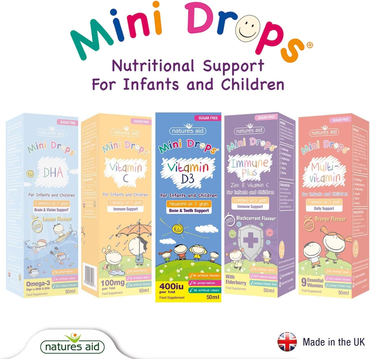 Natures Aid Mini Drops Vitamin D3 50ml for Infants & Kids - Bone, Teeth, Health & Immune System Support - Sugar Free, Vegan, Gluten-Free, Non-GMO - Growth Support for Children Age 0-5 Dropper Included