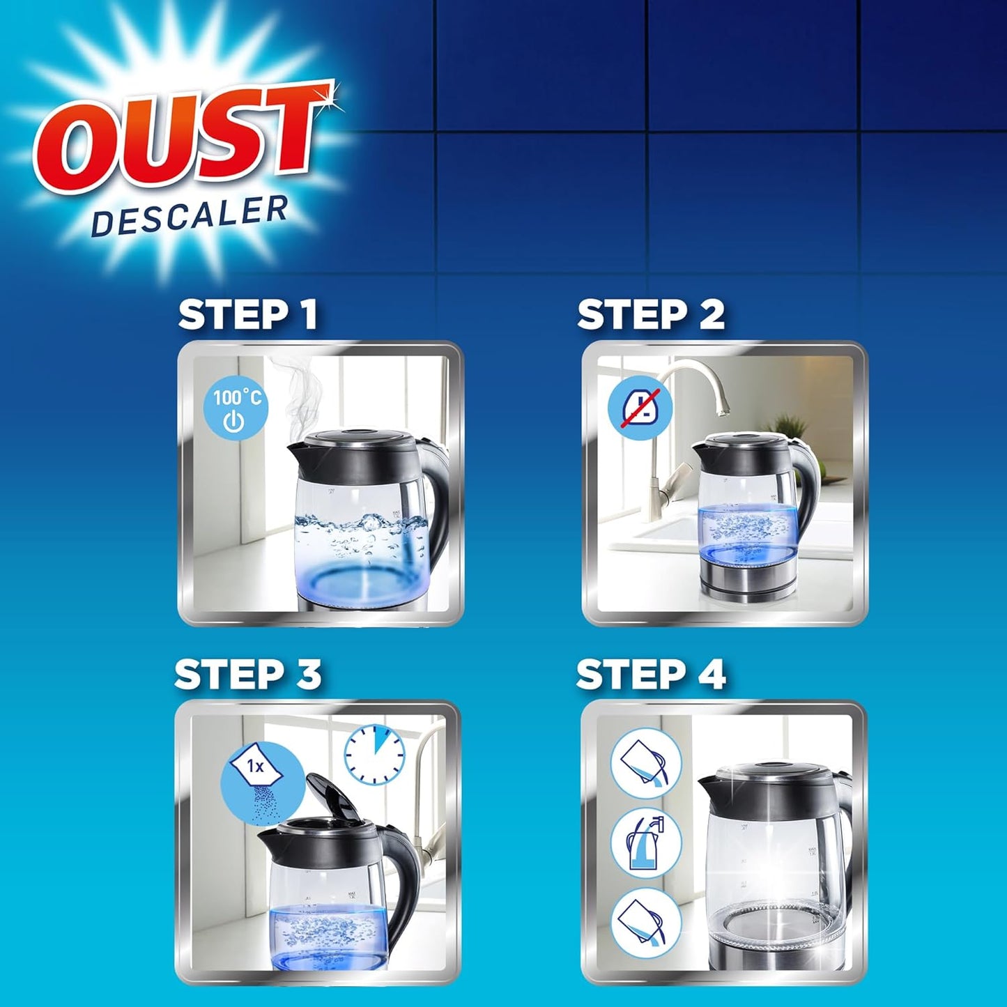 Oust Powerful All Purpose Descaler, New Formula, Limescale Remover – Ideal for Kettles, Coffee Machines, Irons and Shower Heads, 3 Sachets x 6 (18 Sachets Total)