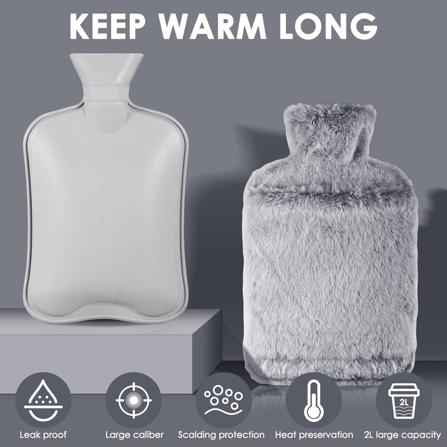 BOLEi Hot Water Bottle with Luxury Cosy Faux Fur Cover,2L Leakproof Large Hot Water Bag for Neck,Shoulder,Hand Feet Warmer,Ideal for Women,Men(Grey)