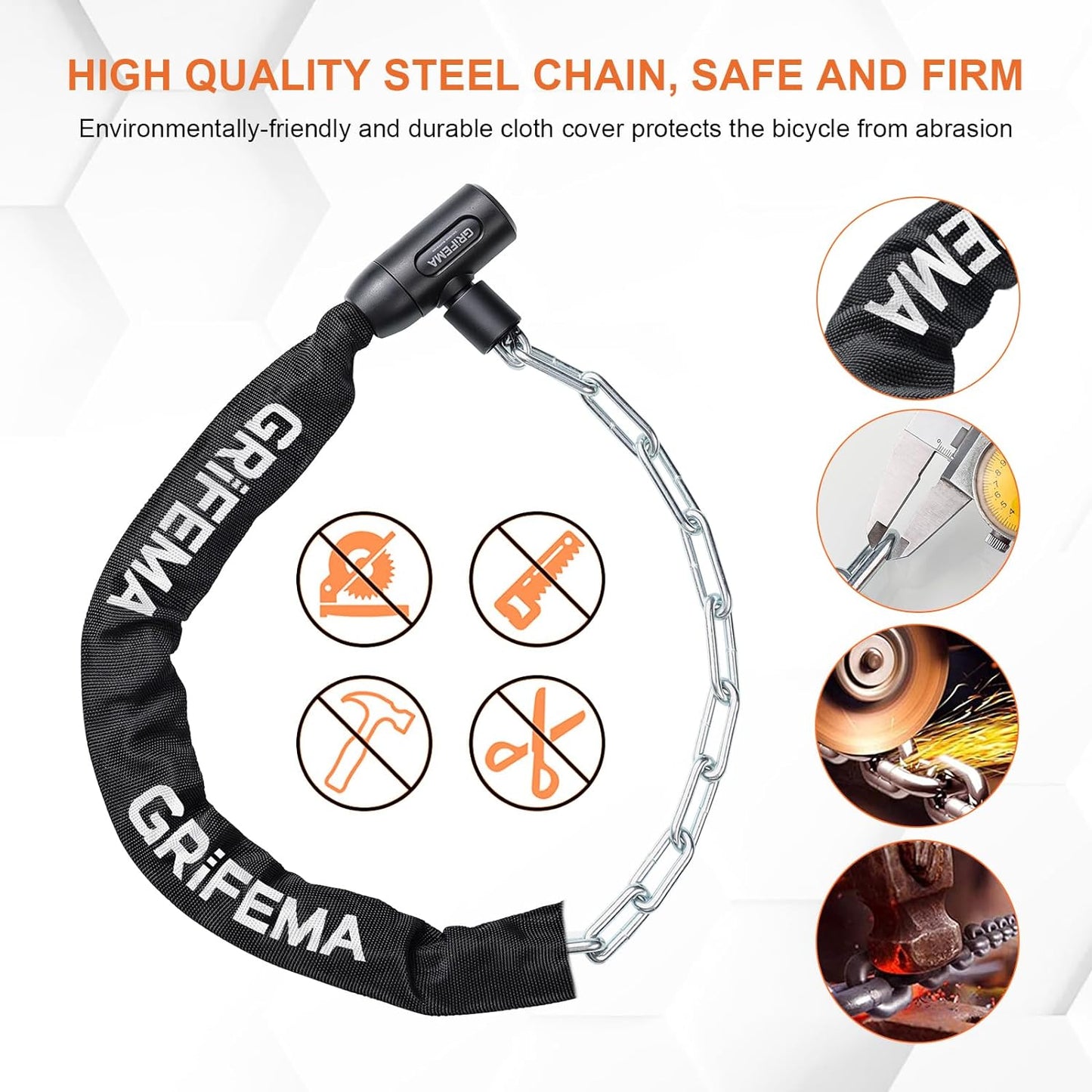 GRIFEMA GA1201-12 Bike Locks High Security with 2 Keys, Bike Chain Lock Heavy Duty, 120cm Bicycle/Cycling Locks for Bike Cycle, Moto, Door, Gate Fence, Black/White