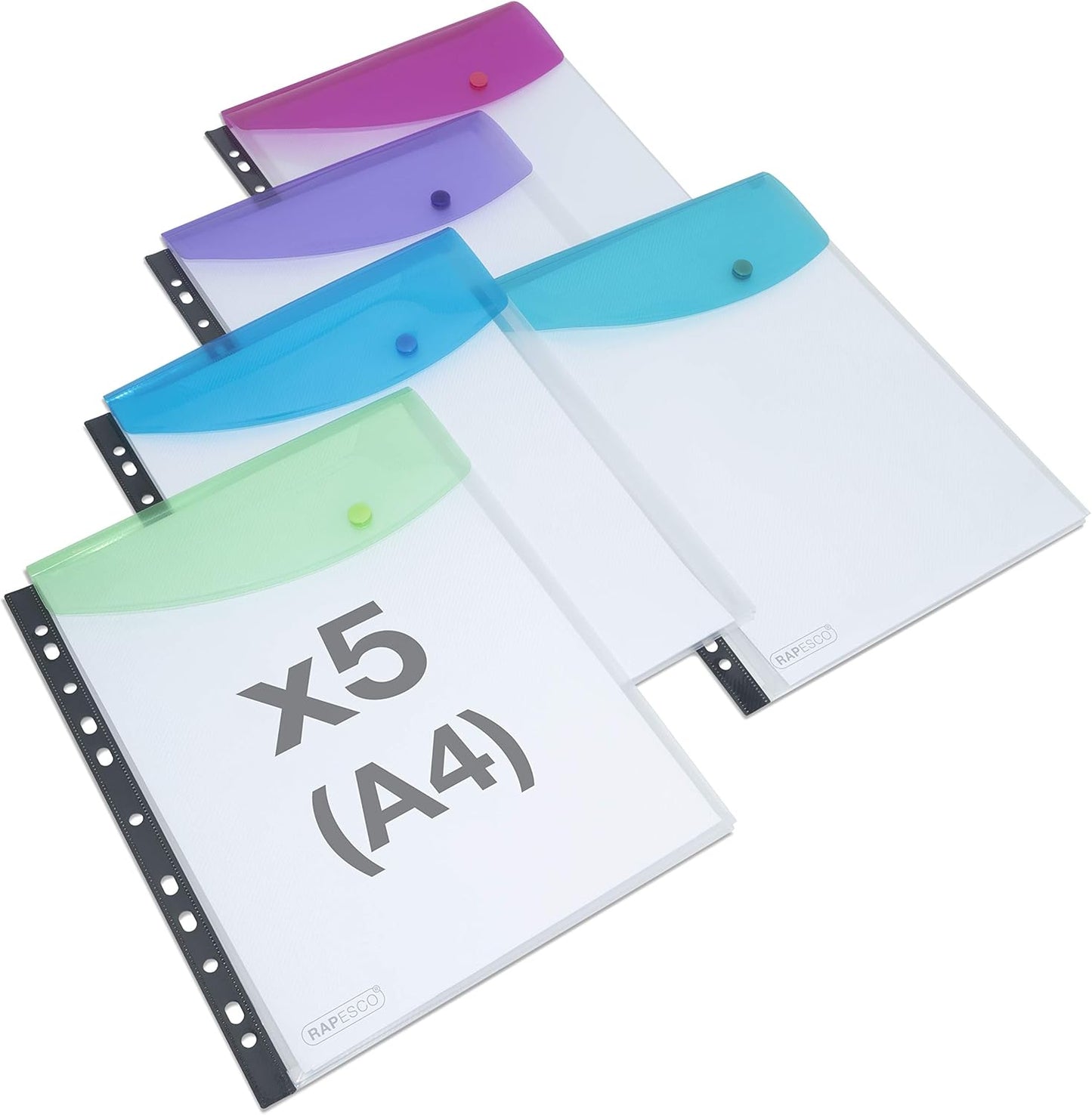 Rapesco 1630 High-Capacity Ring Binder Popper Wallet, A4, Transparent Assorted Colours, Pack of 5