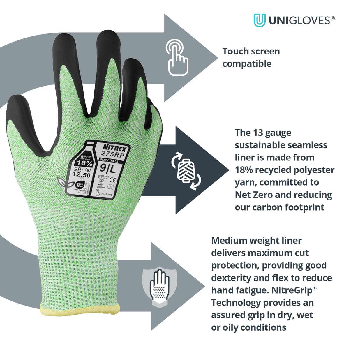 NITREX 275RP Cut Resistant Work and Safety Gloves - 5 Pairs - Sandy Nitrile Palm Coated - Oils and Grease Resistant – Mechanical and Industrial Protective Gloves - Size 6