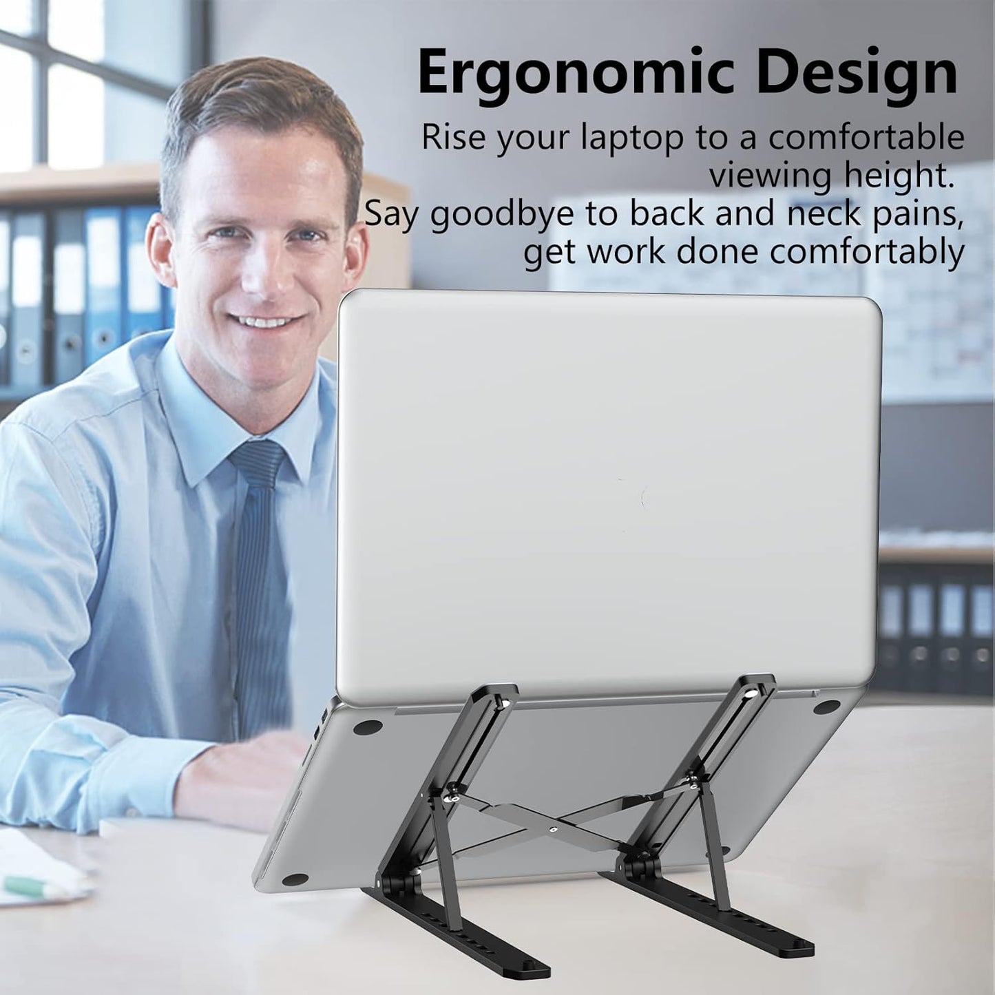 Tonmom Laptop Stand for Desk, Adjustable Laptop Riser ABS+Silicone Foldable Portable Computer Holder, Ventilated Cooling Notebook Stand for 10-15.6” Laptops,Tablet-Black