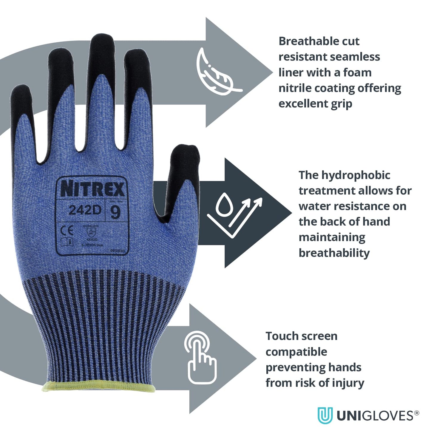Nitrex 242D Work and Safety Gloves, Bag of 10 Pairs, Size 6 - D Rated Cut Resistant Gloves with PU Nitrile Palm Coating