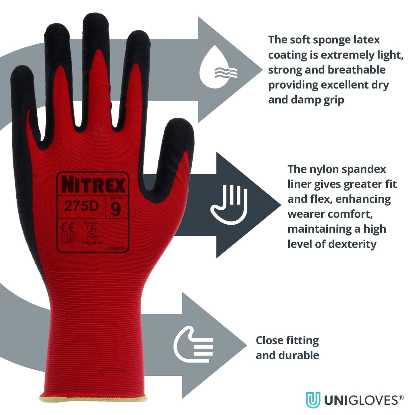 Nitrex 275D Work and Safety Gloves, Bag of 10 Pairs, Size 7 - General Handling Gloves with Foam Latex Palm Coating