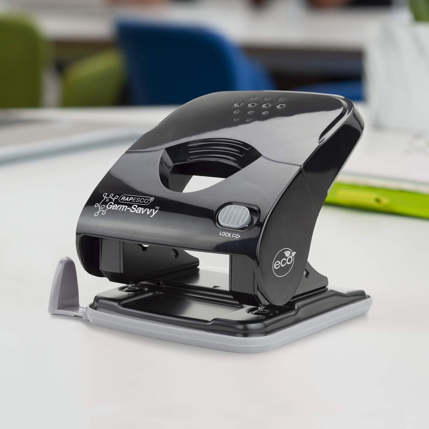 Rapesco 1633 Germ-Savvy Antibacterial, ECO Luna Less Effort Stapler & ECO X5-40ps Less Effort Hole Punch Set, Dark Grey