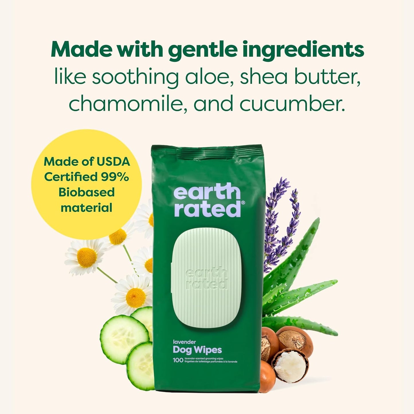 Earth Rated Hypoallergenic Dog Wipes, Cleaning and Odour-Controlling Grooming for Paws, Body, and Butt, Perfect for Puppy and Adult Dogs, Lavender Scent, 100 Count