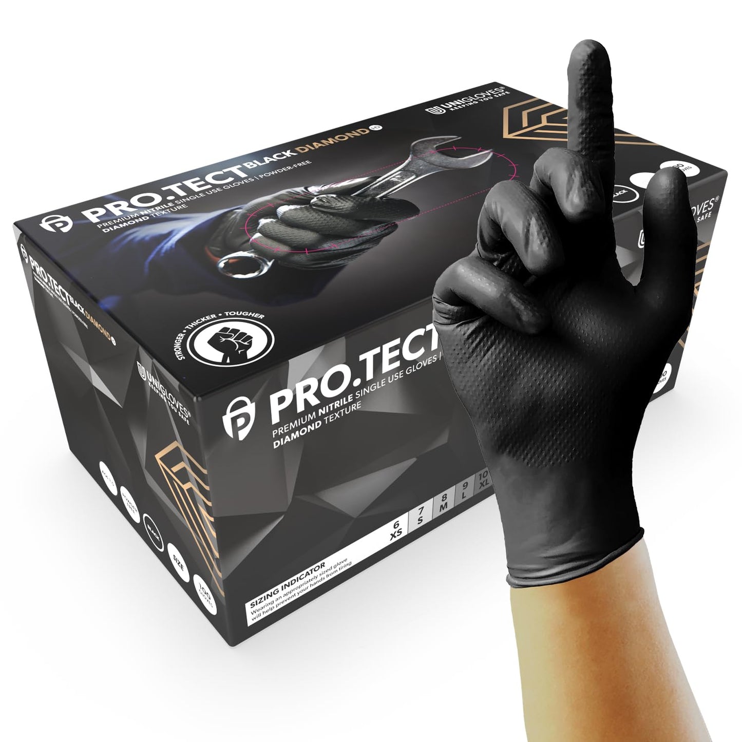 UNIGLOVES PRO.TECT Black Diamond HD, Nitrile Disposable Gloves, Size L GA013