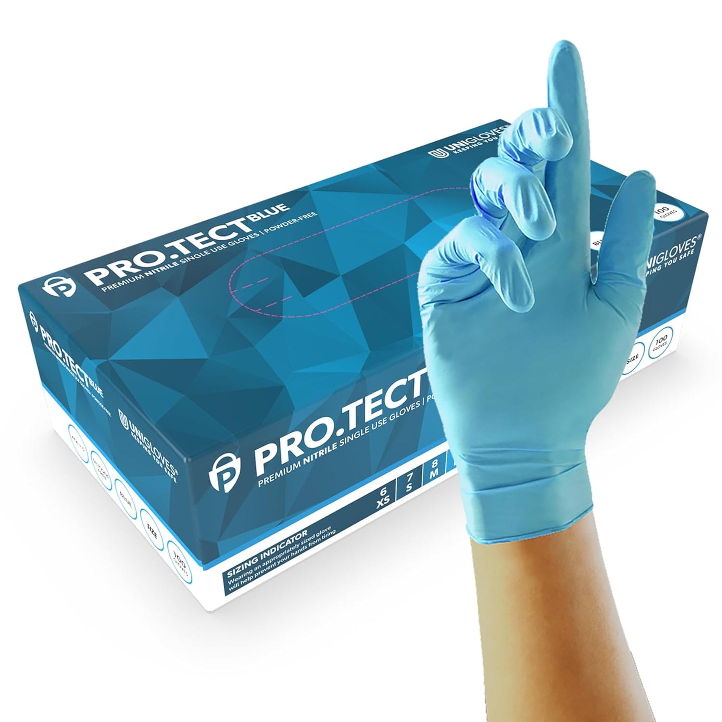 Unigloves PRO.TECT Blue GU0044 Heavy Duty Nitrile Gloves - Multipurpose, Powder and Latex Free, Disposable Gloves, Box of 100 Gloves, Blue, Large