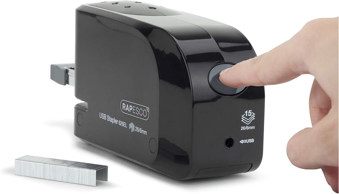 Rapesco 1454 626EL Automatic USB/Battery Stapler with 1000 26/6mm Staples, 15 Sheet Capacity, Black