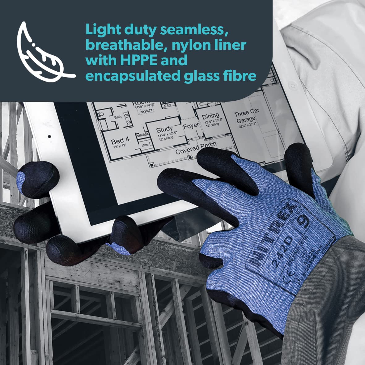 Nitrex 242D Work and Safety Gloves, Bag of 10 Pairs, Size 6 - D Rated Cut Resistant Gloves with PU Nitrile Palm Coating