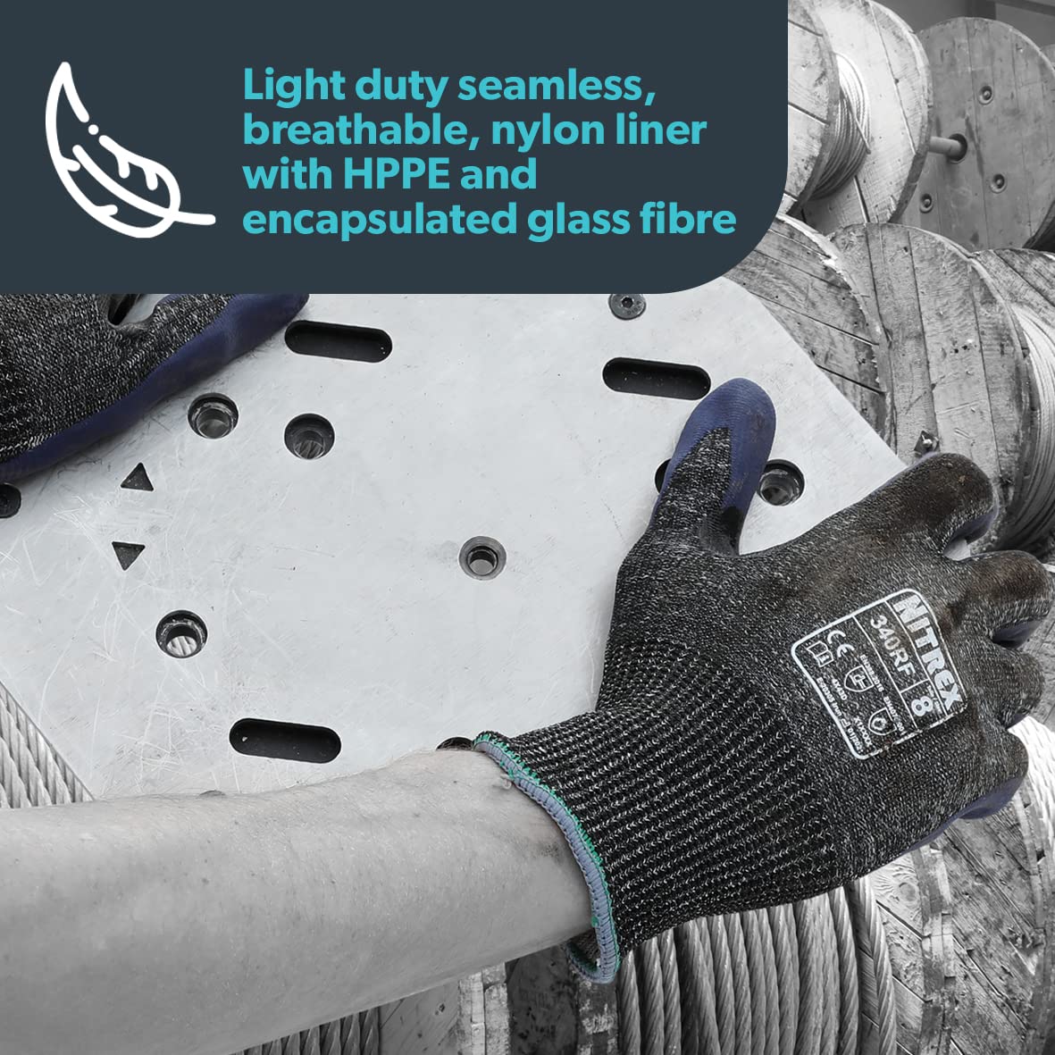 NITREX 340RF Work and Safety Gloves, Bag of 10 Pairs - D Rated Cut Resistant Gloves with Foam Nitrile Palm Coating in Grey/Blue, Size 7