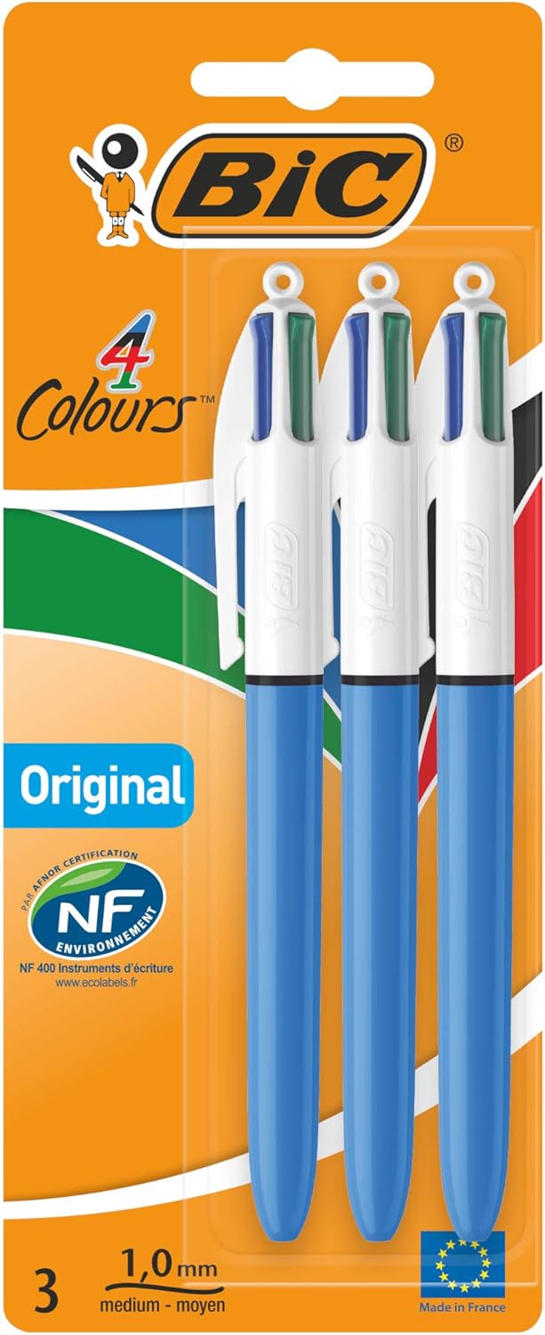 BIC 4 Colours Original Pens, Multi Coloured Pens All In One, Biro Pens, Medium 1.0mm, Green, Blue, Red, Black, 3 Pens Per Pack, 1 Pack
