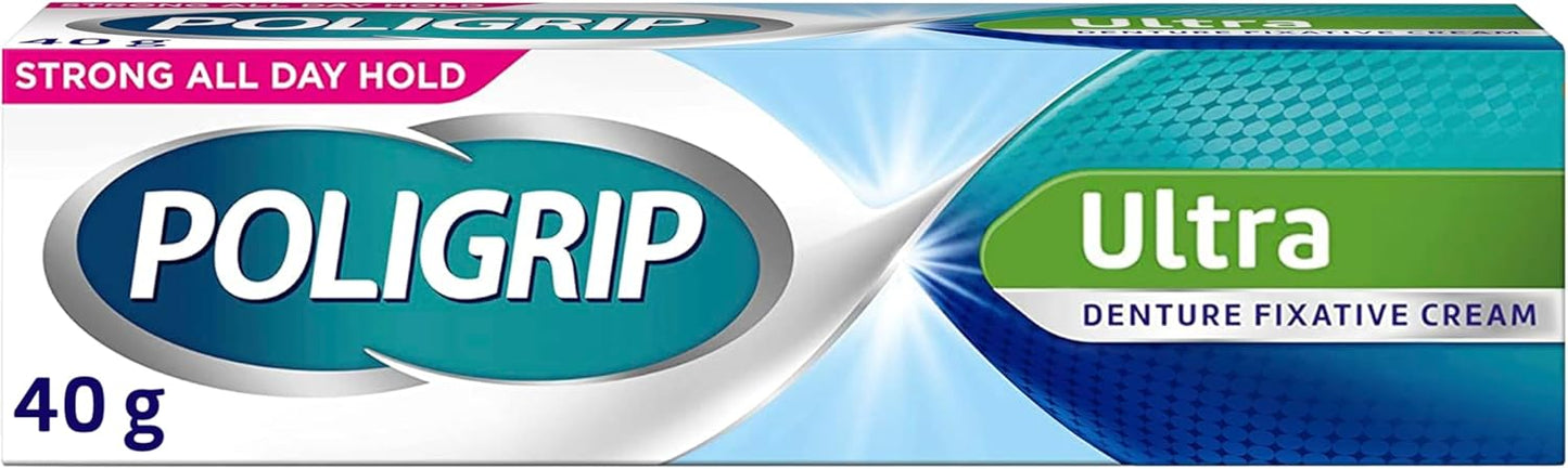 Poligrip Denture Adhesive Cream, False Teeth and Partials Fixative, Ultra, 40 g (Packaging may vary)