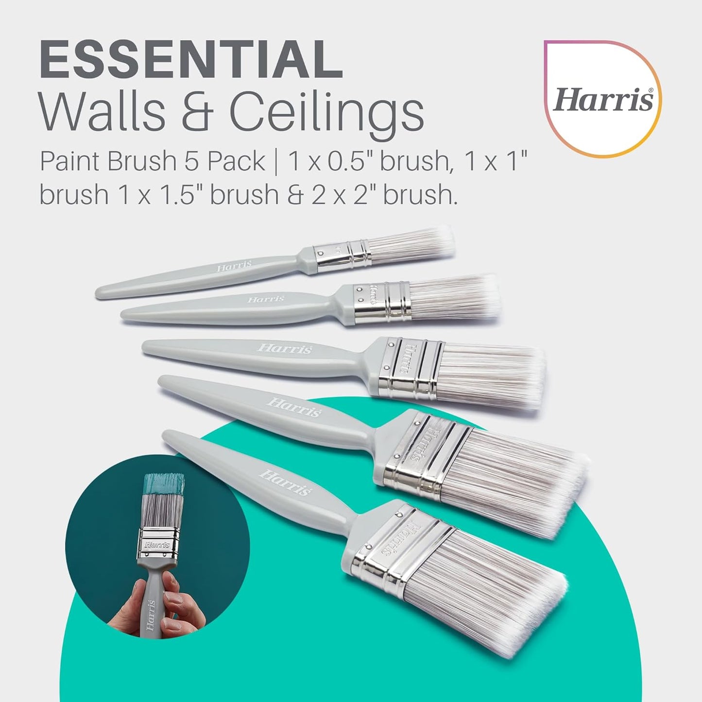 Harris Essentials Walls & Ceilings Paint Brush Set | Pack of 5 | 0.5", 1", 1.5", 2", Grey