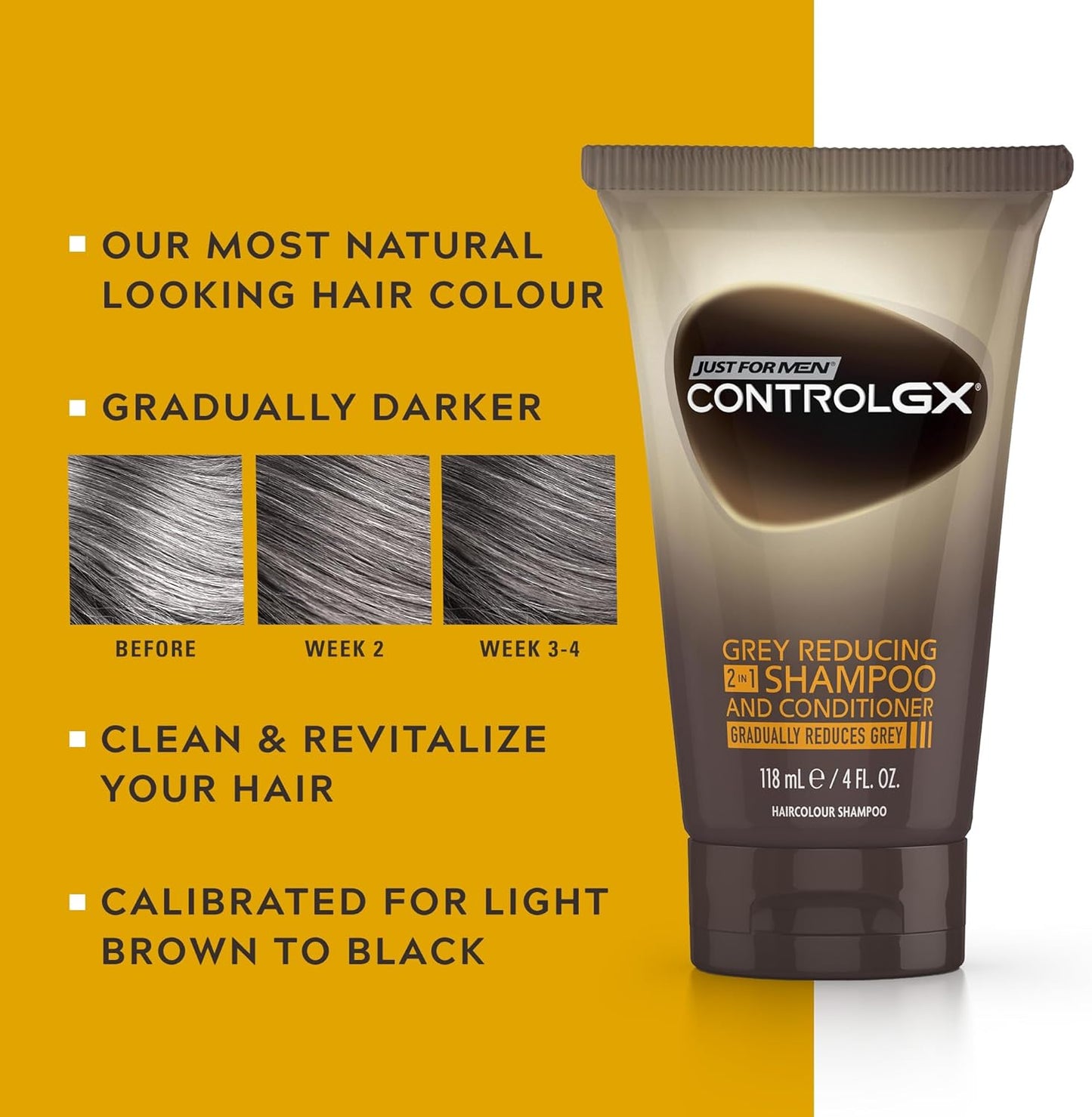Just For Men Control GX 2-in-1 Shampoo & Conditioner, Gradually & Permanently Reduces Grey Hair With Each Wash – All Shades, 118 ml
