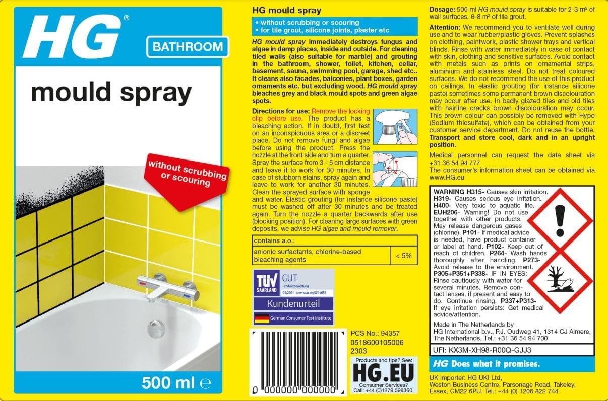 HG Mould Spray, Effective Mould Spray & Mildew Cleaner, Removes Mouldy Stains From Walls, Tiles, Silicone Seals & More - 500ml , Pack of 1