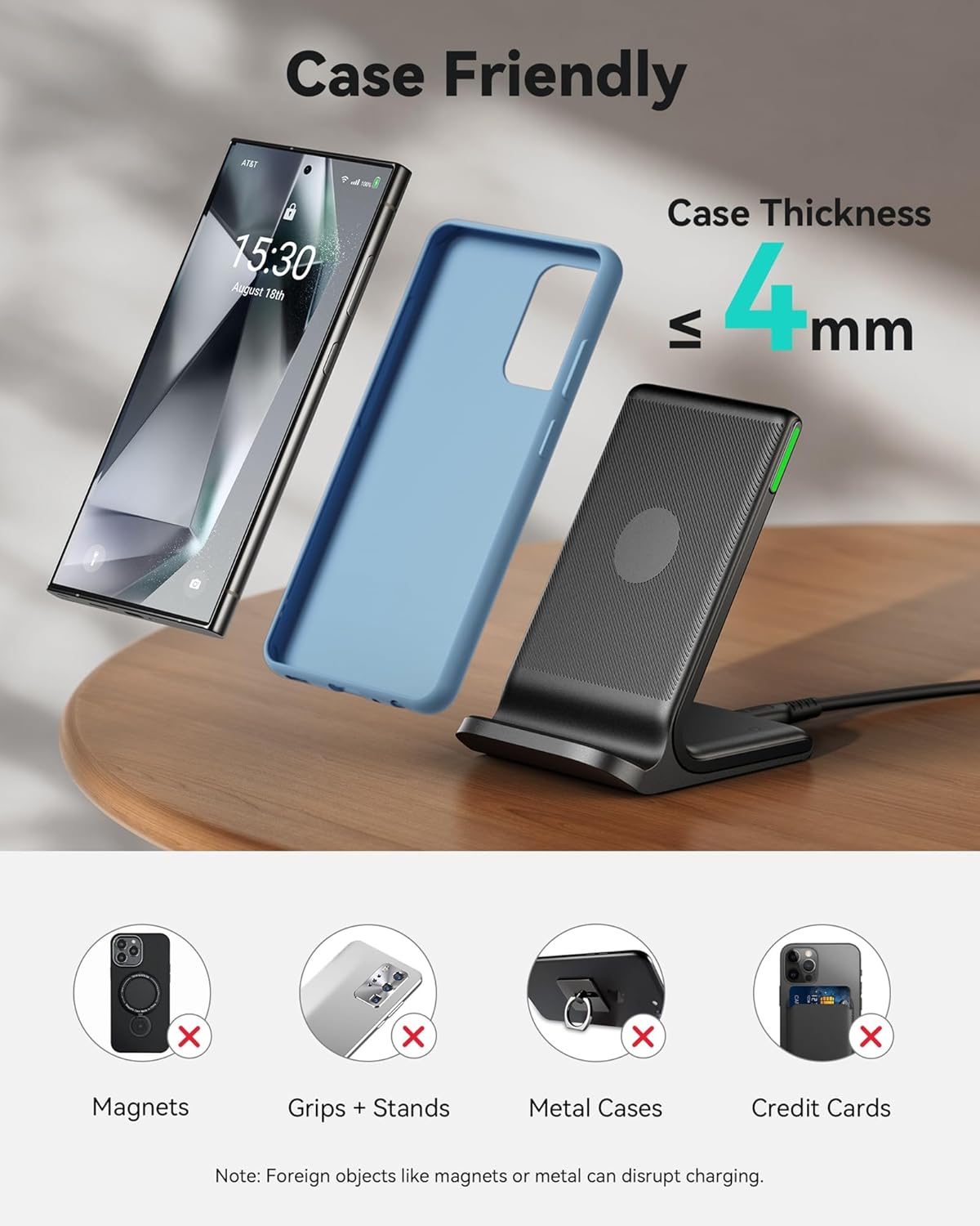 INIU Wireless Charger Stand, 15W Qi Fast Charging Dock Phone Charger, Adaptive LED Wireless Charging Station for iPhone 16 15 14 13 12 11 9 8 XR, Samsung S22 S21 S10 S9, LG V40 G8, Pixel 8 7 6 etc.