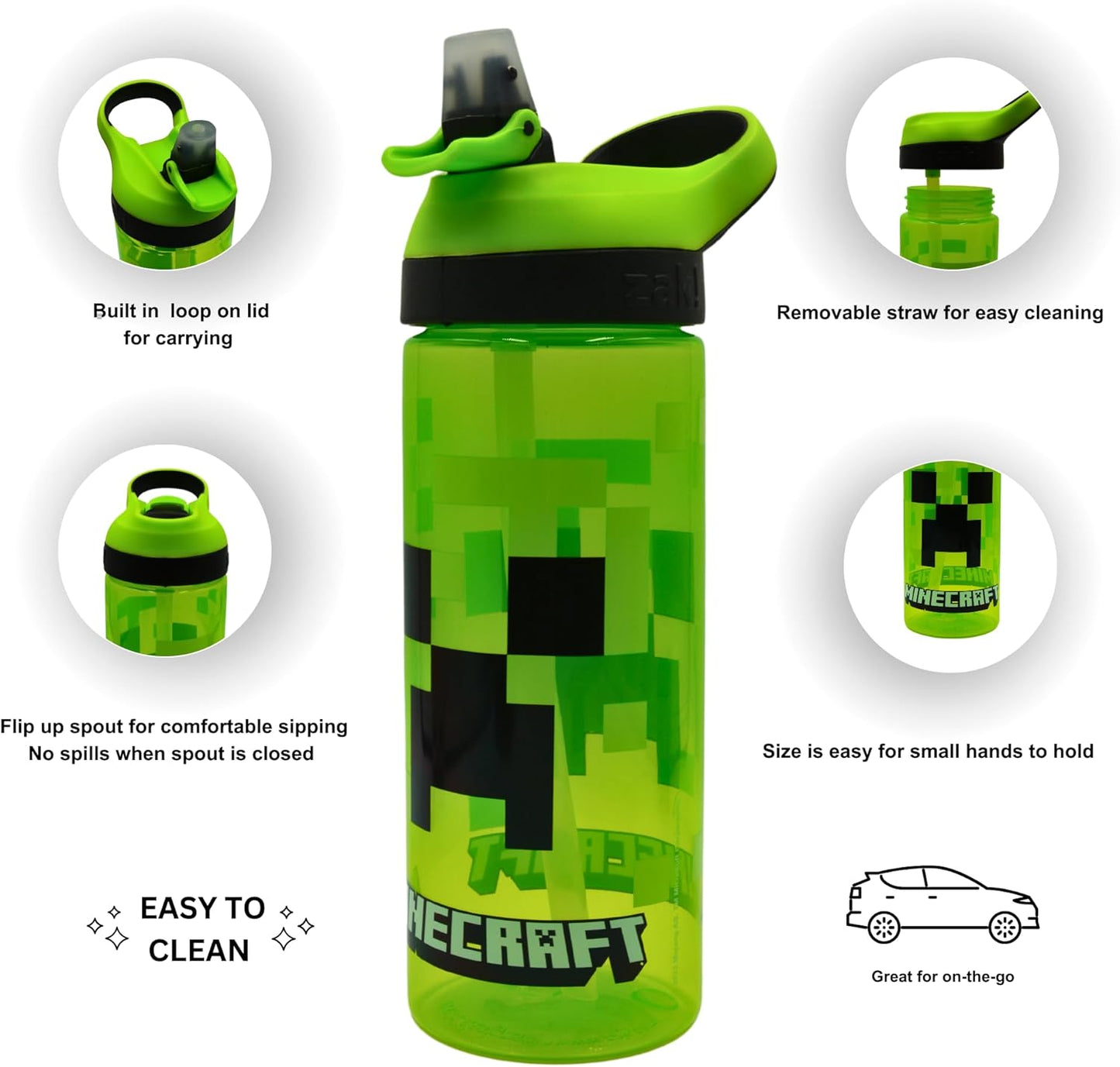 Minecraft Atlantic Creeper Drinks Bottle with Logo | Eco Freindly BPA-free Plastic School Water Bottle with Removable straw, spills Proof | Gift for Minecraft fan | Officially Merch 600ML